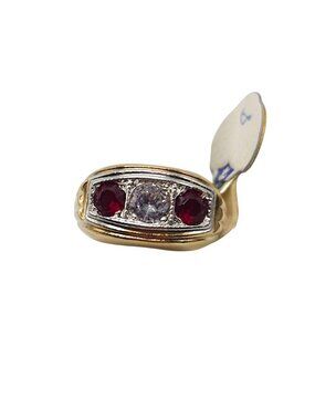 18K Gold Electroplate Ring Synthetic White Spinel Ruby Stones Mens Vintage 8